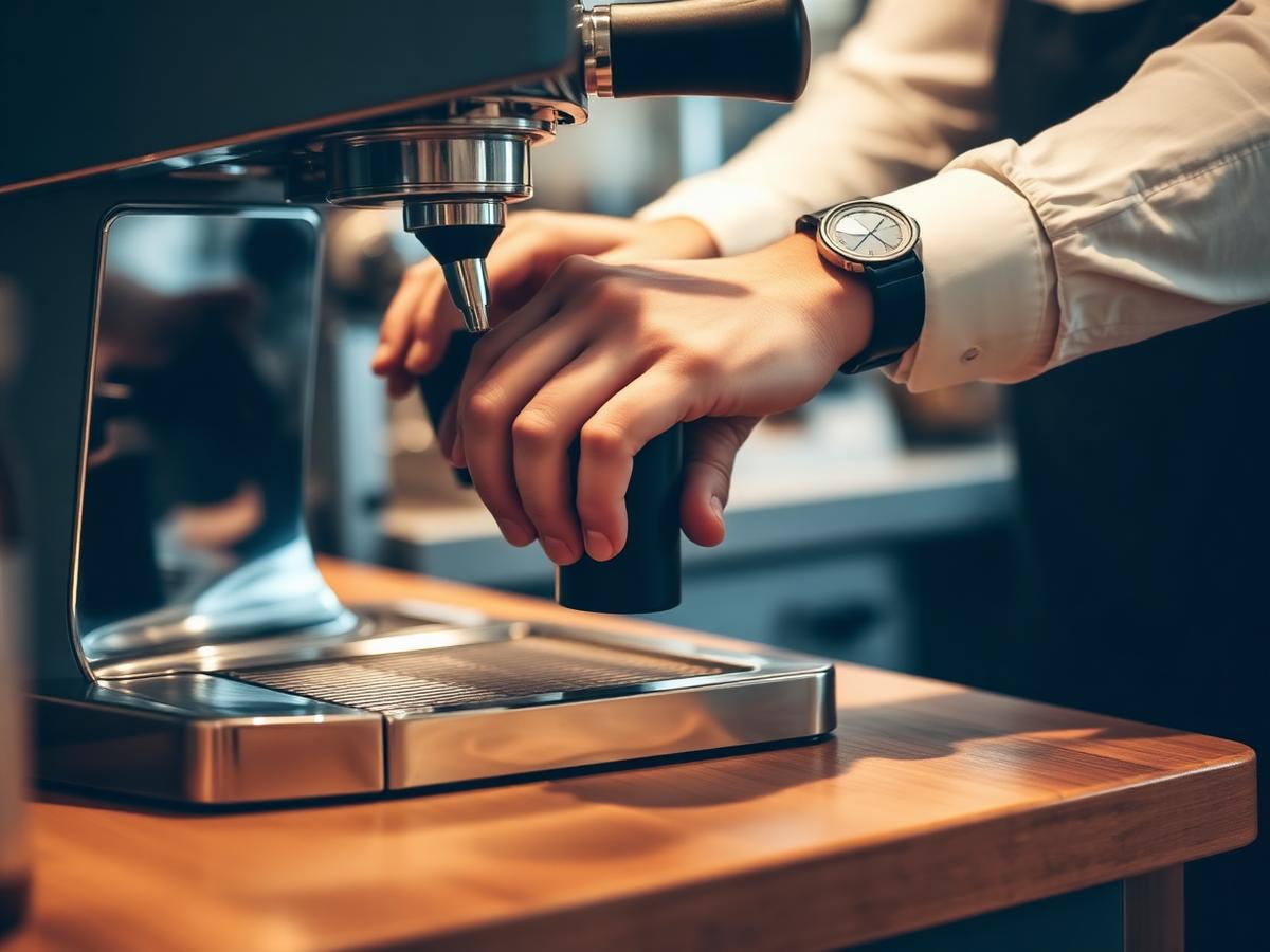 Barista nén cà phê trên quầy gỗ